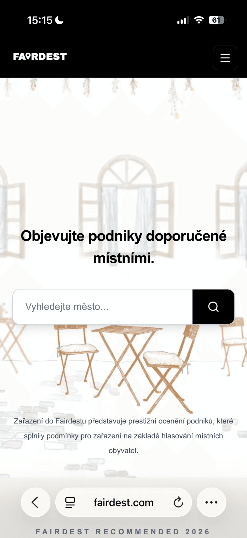 Web Fairdest zobrazený na mobilním zařízení